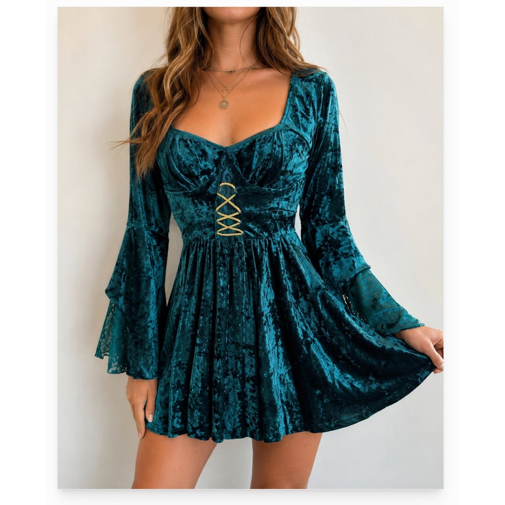 Green Crushed Velvet Bell Sleeve Lace Mini Dress Ren Faire Fairy Goth Peasant -L
